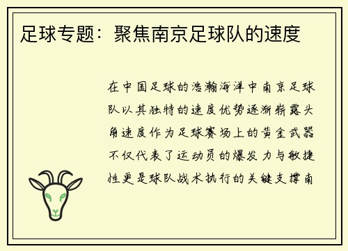 足球专题：聚焦南京足球队的速度