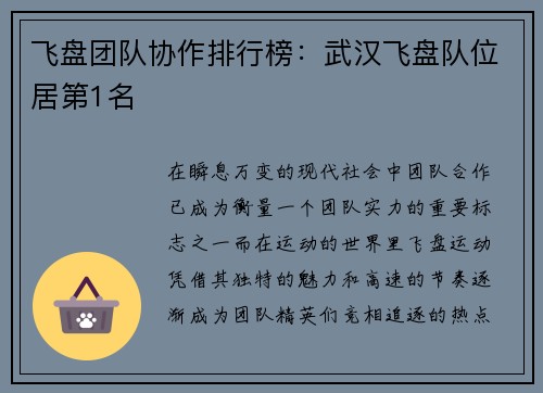 飞盘团队协作排行榜：武汉飞盘队位居第1名