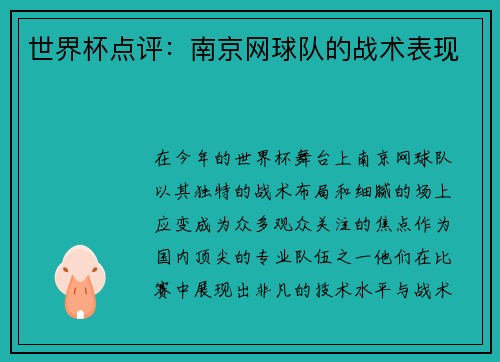 世界杯点评：南京网球队的战术表现